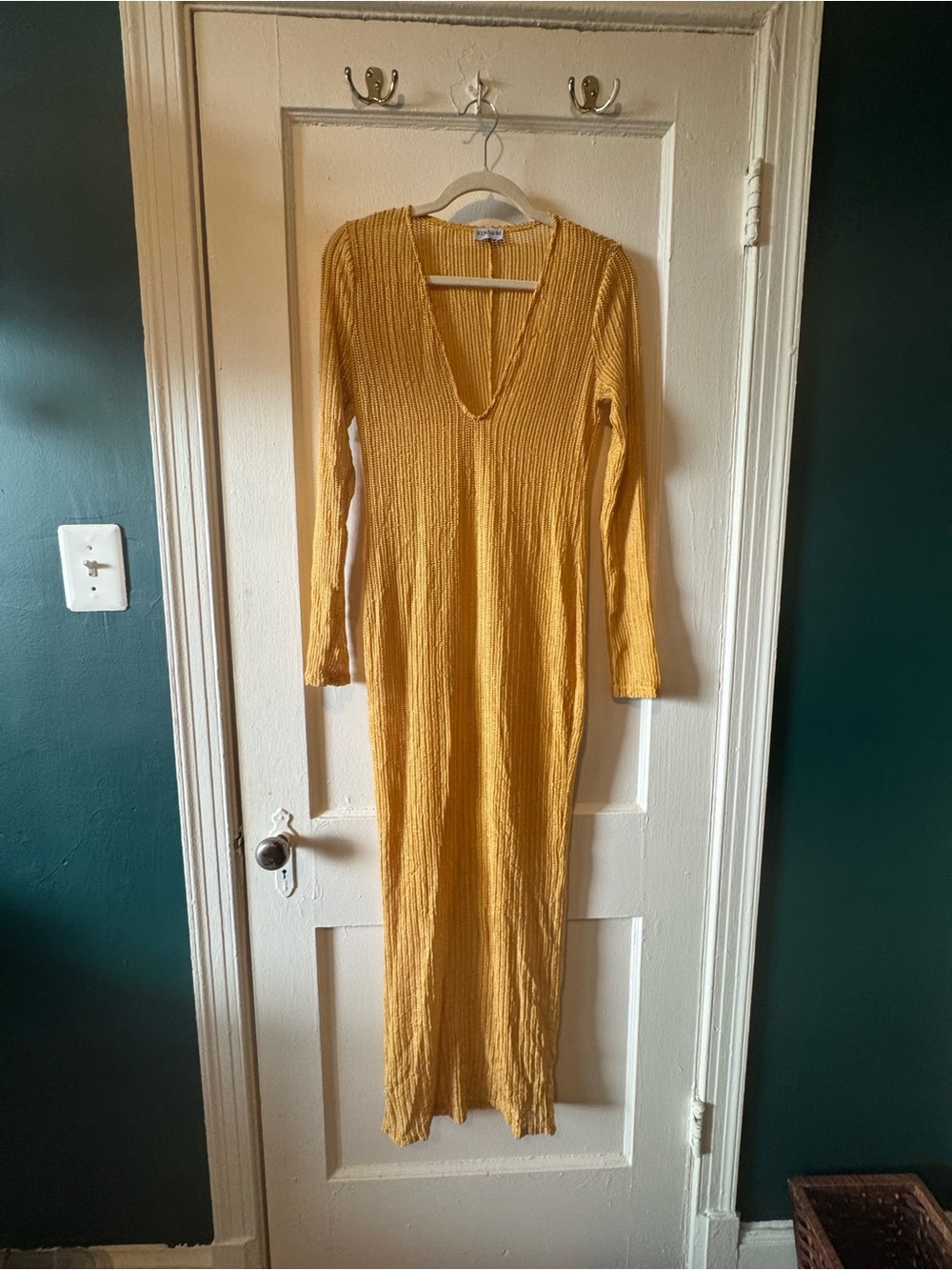 Mustard Ribbed V-Neck Long Sleeve Maxi swim cover up